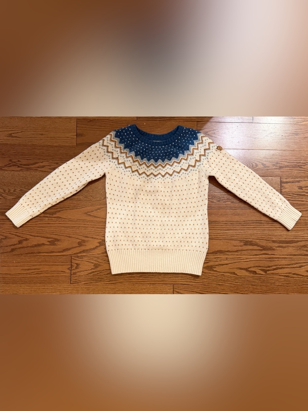 Fjallraven Cream Wool Crewneck Sweater with Blue Fair Isle Yoke and Tan Trim